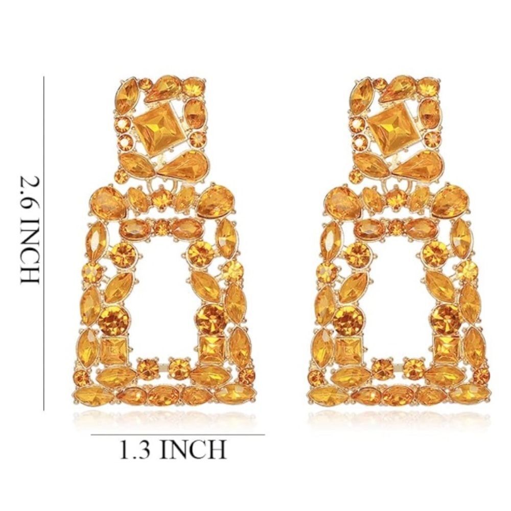 Yellow Gold with Orange Citrine Crystal Geometric Rectangle Post Back Earrings - Picture 6 of 6